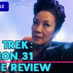 Emperor Phillipa Georgiu sitting in a black chair. On the left from top to bottom: blue nerdy Romantics Podcast logo "Episode 61, Star Trek: Section 31, part 2 Movie Review"